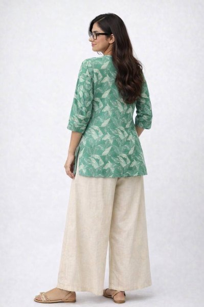 Women Green And Off White Botanical Print Rayon Slub Tunic Top and Trouser Set  CO ORD Sets