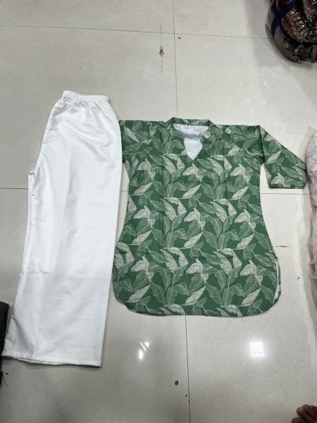 Women Green And Off White Botanical Print Rayon Slub Tunic Top and Trouser Set  CO ORD Sets