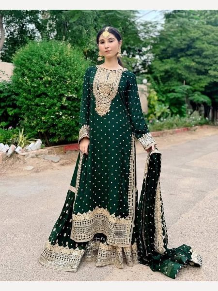 Women Green  Designer Foux Georgette  Embroidery and Sequence  work Sharara set Ready To Wear Collection