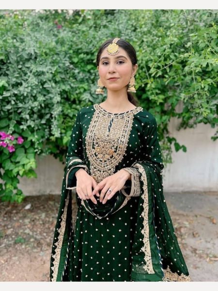 Women Green  Designer Foux Georgette  Embroidery and Sequence  work Sharara set Ready To Wear Collection