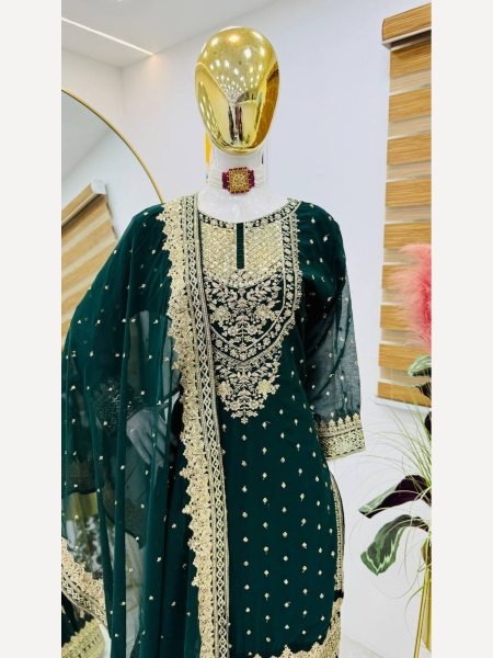 Women Green  Designer Foux Georgette  Embroidery and Sequence  work Sharara set Ready To Wear Collection