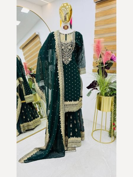 Women Green  Designer Foux Georgette  Embroidery and Sequence  work Sharara set Ready To Wear Collection