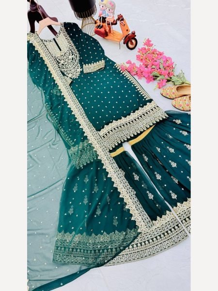 Women Green  Designer Foux Georgette  Embroidery and Sequence  work Sharara set Ready To Wear Collection