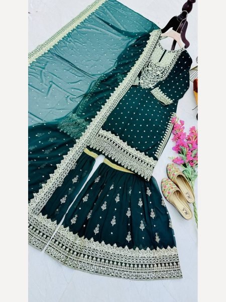 Women Green  Designer Foux Georgette  Embroidery and Sequence  work Sharara set Ready To Wear Collection