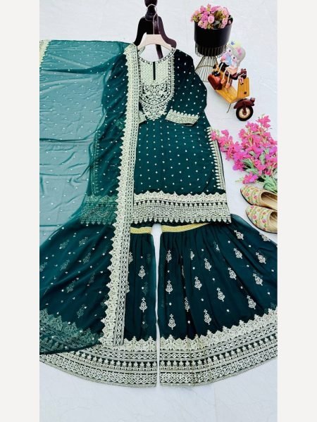 Women Green  Designer Foux Georgette  Embroidery and Sequence  work Sharara set Ready To Wear Collection