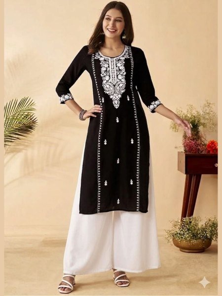 Women Hevy Black Rayon Kurta Set Embroidery Work with Pant  Kurti With Bottom Wholesale