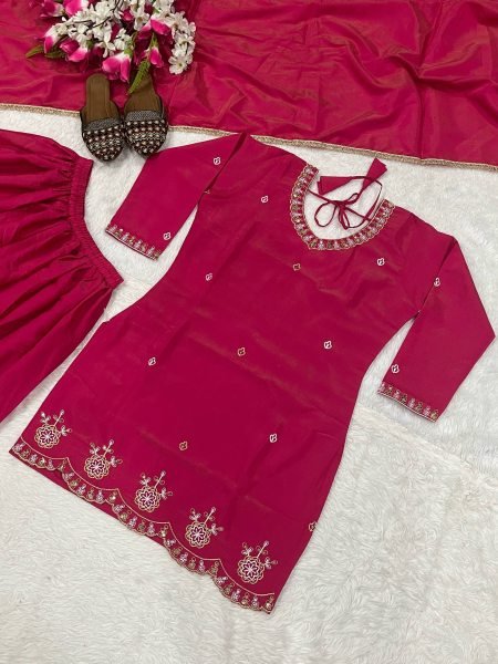 Women Hot Pink Chinon Silk Embroidery Work Kurta Sharara And Dupatta Set    Ready To Wear Collection