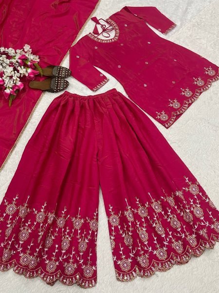 Women Hot Pink Chinon Silk Embroidery Work Kurta Sharara And Dupatta Set    Ready To Wear Collection