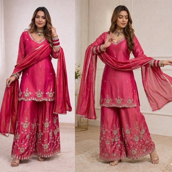 Women Hot Pink Chinon Silk Embroidery Work Kurta Sharara And Dupatta Set    Ready To Wear Collection