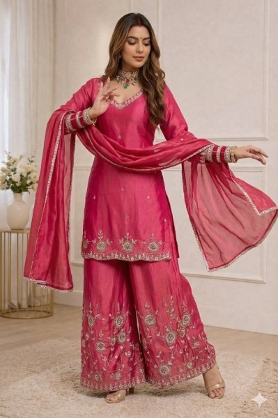 Women Hot Pink Chinon Silk Embroidery Work Kurta Sharara And Dupatta Set    Ready To Wear Collection