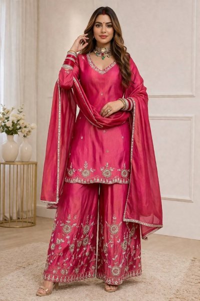 Women Hot Pink Chinon Silk Embroidery Work Kurta Sharara And Dupatta Set    Ready To Wear Collection