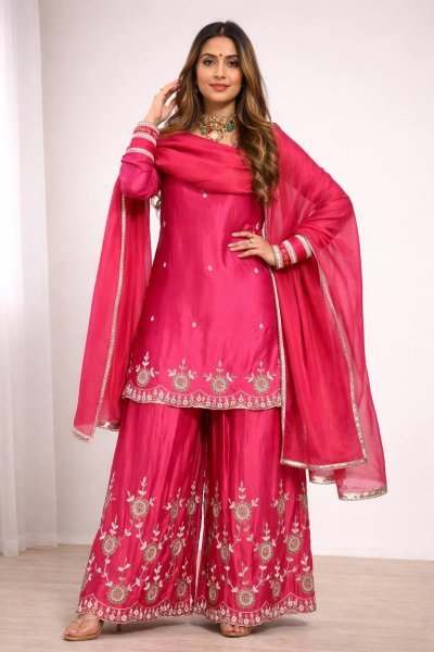Women Hot Pink Chinon Silk Embroidery Work Kurta Sharara And Dupatta Set    Ready To Wear Collection