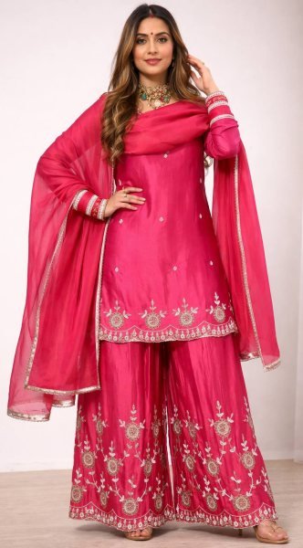 Women Hot Pink Chinon Silk Embroidery Work Kurta Sharara And Dupatta Set    Ready To Wear Collection