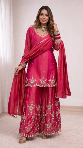 Women Hot Pink Chinon Silk Embroidery Work Kurta Sharara And Dupatta Set    Ready To Wear Collection