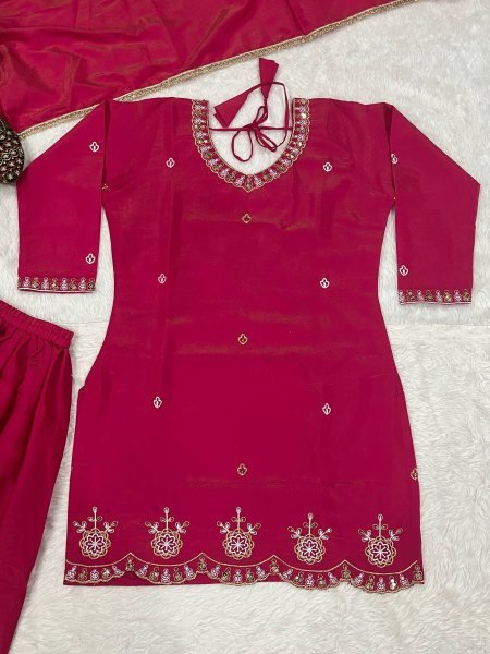 Women Hot Pink Chinon Silk Embroidery Work Kurta Sharara And Dupatta Set    Ready To Wear Collection