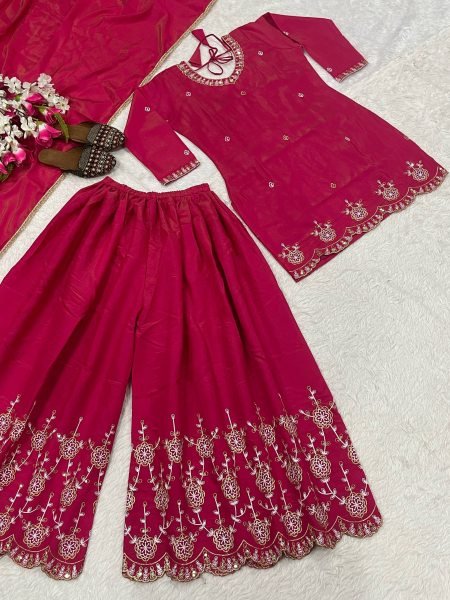 Women Hot Pink Chinon Silk Embroidery Work Kurta Sharara And Dupatta Set    Ready To Wear Collection