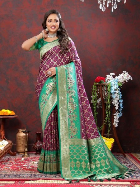Women Latest Design Blue And Pink Color Bandhani Patola Silk Saree With Blouse Piece Patola Silk Sarees Wholesale