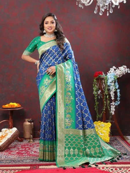 Women Latest Design Blue And Pink Color Bandhani Patola Silk Saree With Blouse Piece Patola Silk Sarees Wholesale