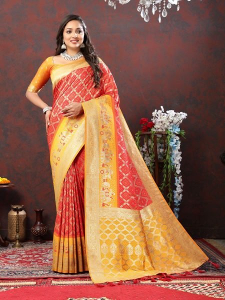 Women Latest Design Blue And Pink Color Bandhani Patola Silk Saree With Blouse Piece Patola Silk Sarees Wholesale