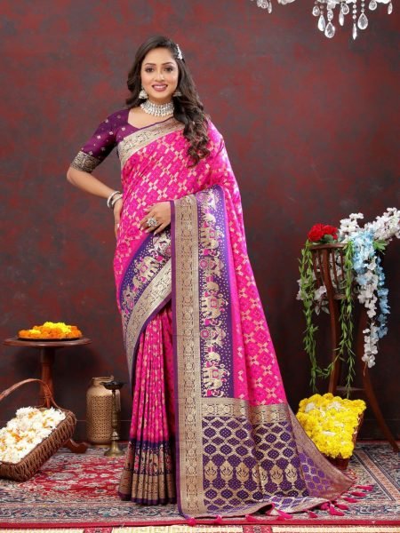 Women Latest Design Blue And Pink Color Bandhani Patola Silk Saree With Blouse Piece Patola Silk Sarees Wholesale