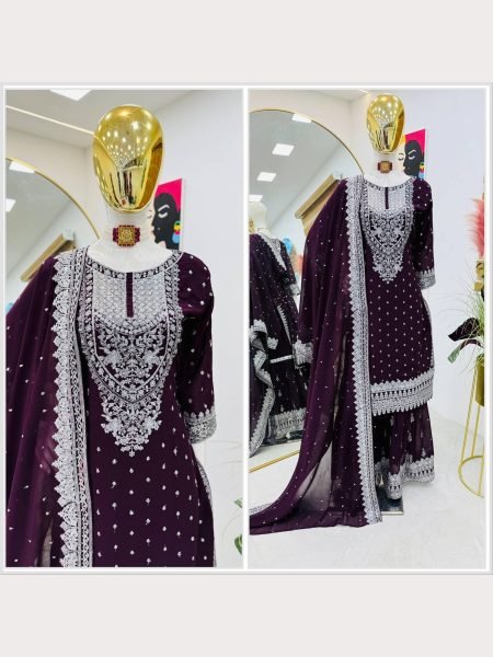 Women Maroon  Designer Foux Georgette  Embroidery and Sequence  work Sharara set Ready To Wear Collection