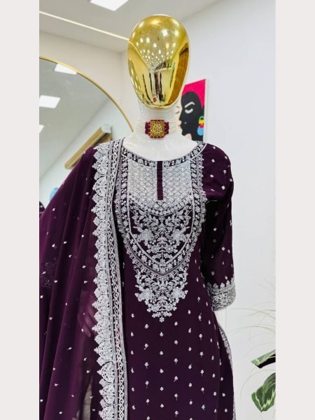 Women Maroon  Designer Foux Georgette  Embroidery and Sequence  work Sharara set Ready To Wear Collection