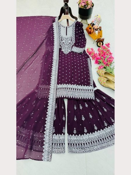 Women Maroon  Designer Foux Georgette  Embroidery and Sequence  work Sharara set Ready To Wear Collection