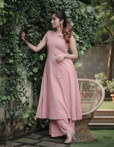 Women Pink Cotton Flared Sleeveless Kurta with Palazzo Set Anarkali Kurtis 
