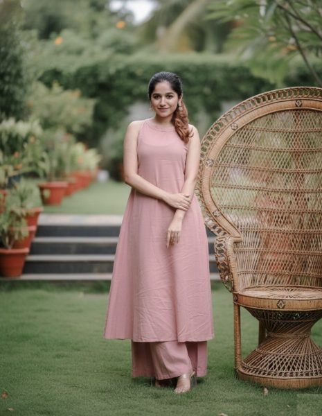 Women Pink Cotton Flared Sleeveless Kurta with Palazzo Set Anarkali Kurtis 