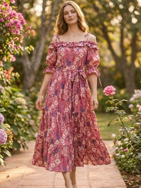 Women Pink Floral Tiered Maxi Dress with Puff Sleeves and Tie Waist Detail Kurtis
