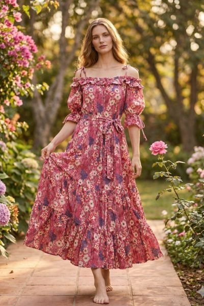 Women Pink Floral Tiered Maxi Dress with Puff Sleeves and Tie Waist Detail Western Ladies Top Wholesale