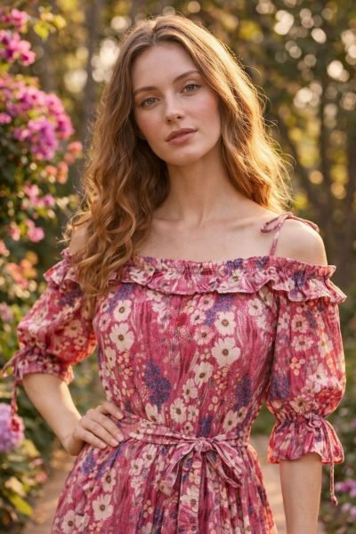 Women Pink Floral Tiered Maxi Dress with Puff Sleeves and Tie Waist Detail Western Ladies Top Wholesale