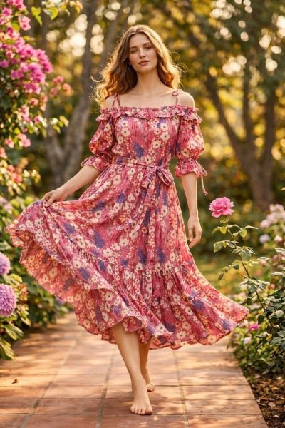 Women Pink Floral Tiered Maxi Dress with Puff Sleeves and Tie Waist Detail Western Ladies Top Wholesale