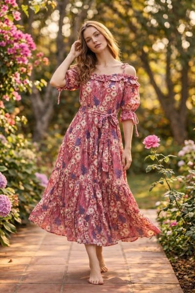 Women Pink Floral Tiered Maxi Dress with Puff Sleeves and Tie Waist Detail Western Ladies Top Wholesale