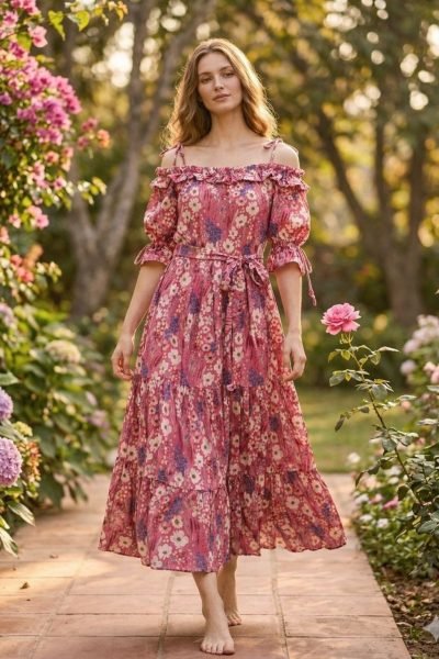Women Pink Floral Tiered Maxi Dress with Puff Sleeves and Tie Waist Detail Western Ladies Top Wholesale