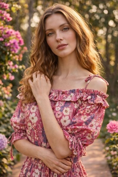 Women Pink Floral Tiered Maxi Dress with Puff Sleeves and Tie Waist Detail Western Ladies Top Wholesale