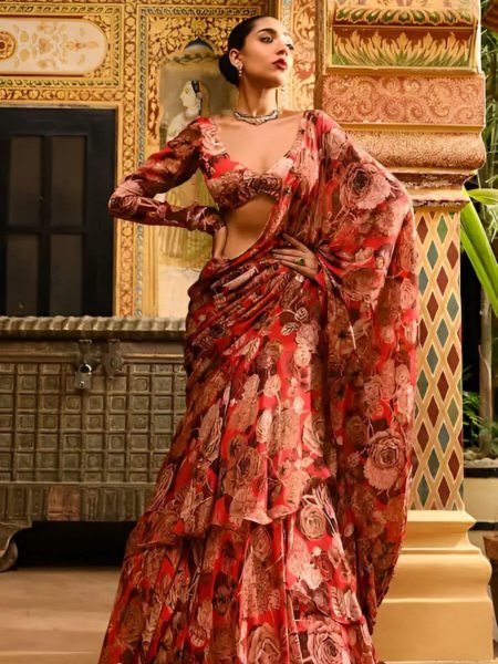Women Red Color Faux Georgette Ready To Wear Saree Exporters  Sarees 