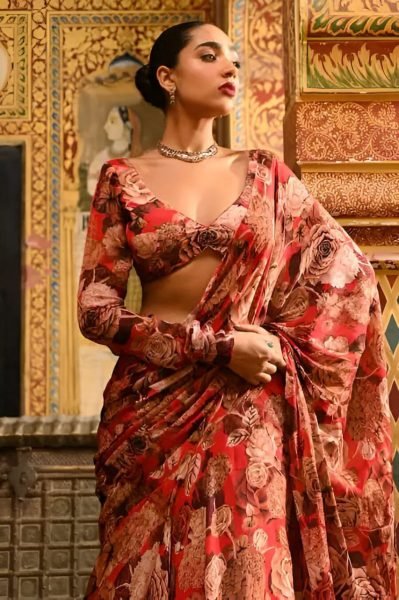 Women Red Color Faux Georgette Ready To Wear Saree Exporters  Ready To Wear Saree 