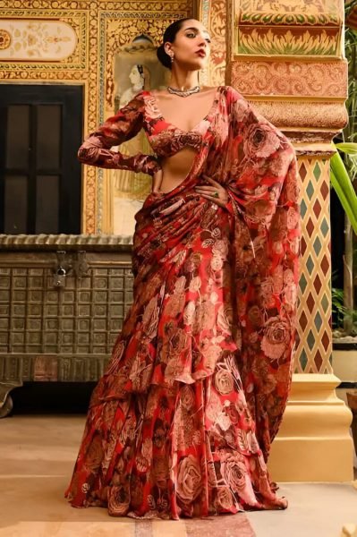 Women Red Color Faux Georgette Ready To Wear Saree Exporters  Ready To Wear Saree 