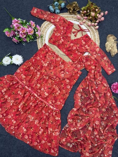 Women Red Color Faux Georgette Ready To Wear Saree Exporters  Ready To Wear Saree 