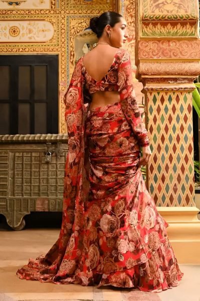 Women Red Color Faux Georgette Ready To Wear Saree Exporters  Ready To Wear Saree 