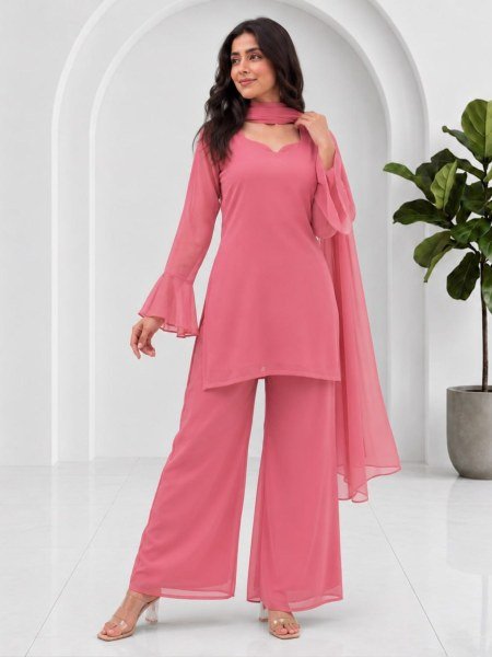 Women's Baby Pink Soft Georgette Palazzo Dress Set with Straight Cut Palazzo