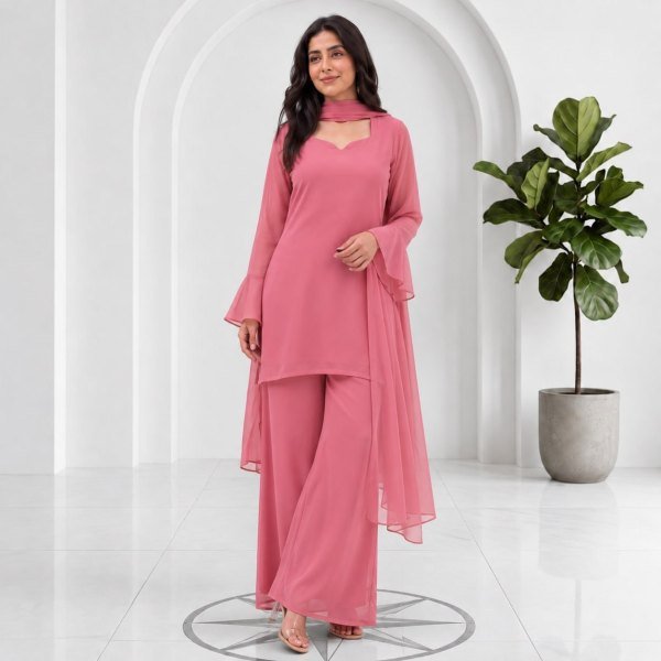 Women's Baby Pink Soft Georgette Palazzo Dress Set with Straight Cut Palazzo Full Set Kurti