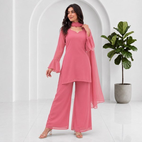 Women's Baby Pink Soft Georgette Palazzo Dress Set with Straight Cut Palazzo Full Set Kurti
