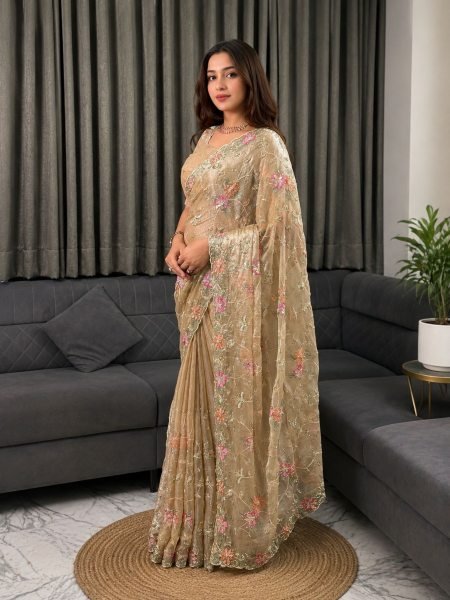 Women s Beige Fendy Satin Saree with Heavy Multi Thread Embroidery Work Sarees 