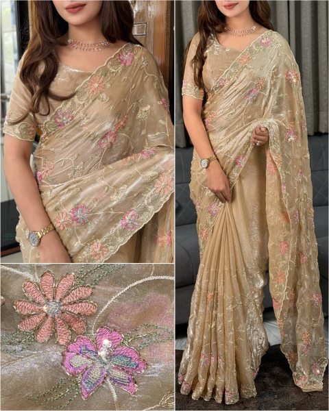 Women s Beige Fendy Satin Saree with Heavy Multi Thread Embroidery Work Designer Wedding Sarees Wholesale