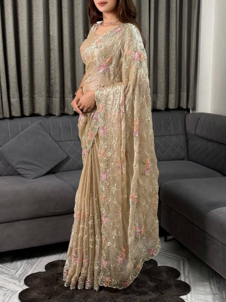 Women s Beige Fendy Satin Saree with Heavy Multi Thread Embroidery Work Designer Wedding Sarees Wholesale