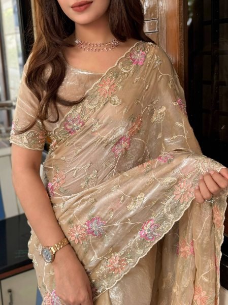 Women s Beige Fendy Satin Saree with Heavy Multi Thread Embroidery Work Designer Wedding Sarees Wholesale