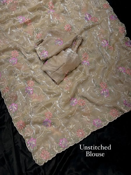 Women s Beige Fendy Satin Saree with Heavy Multi Thread Embroidery Work Designer Wedding Sarees Wholesale