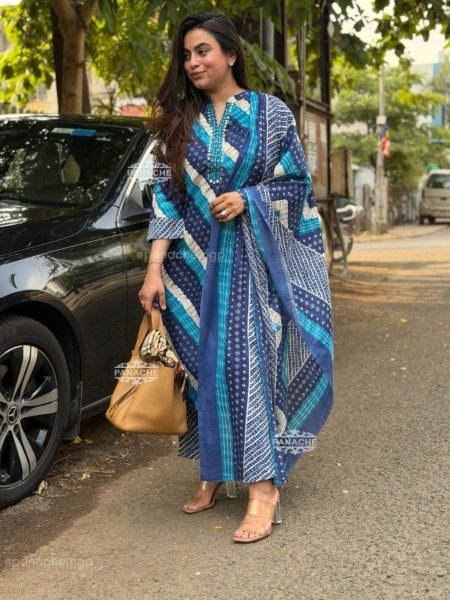Women's Blue Cotton Kurti Pant Dupatta Set with Lehriya and Bandhani Print Kurtis